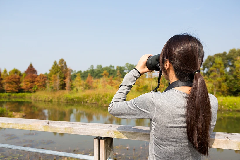 Back view of woman using binoculars to watch birds
